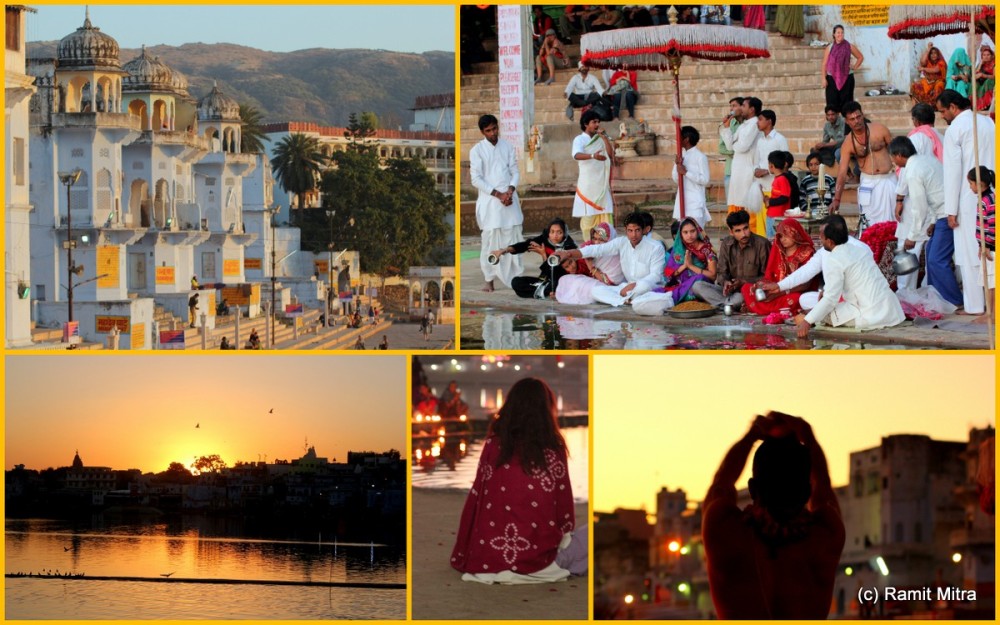 Peace & Bliss as gentle breeze touches upon the waters of the holy Lake Pushkar, devotees throng to worship the setting sun and Holy Waters of the lake...reflections of lights from temples which ring the lake banks and where bells are rung in a hypnotic rythm, hymns invoking the gods...If this is not bliss, then what is!