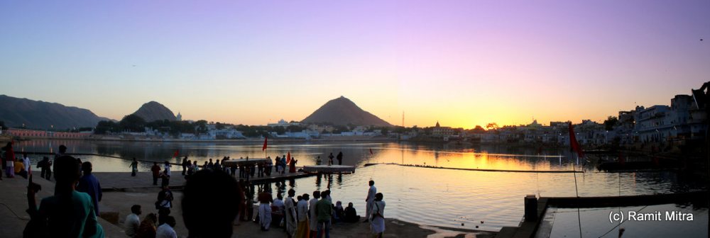 The Holy Pushkar Lake, at sunset, by the banks of which stand numerous temples & Snaan Ghats(Bathing Steps)